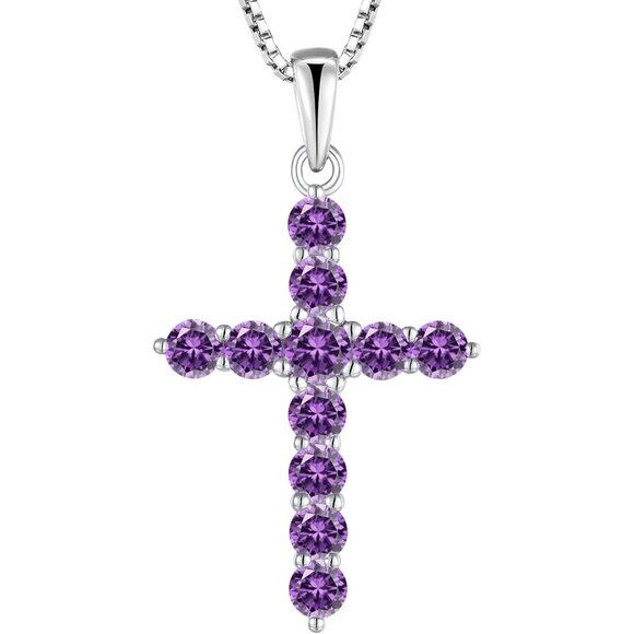 Sterling Silver Cross Necklace with Amethyst Gemstones for Women